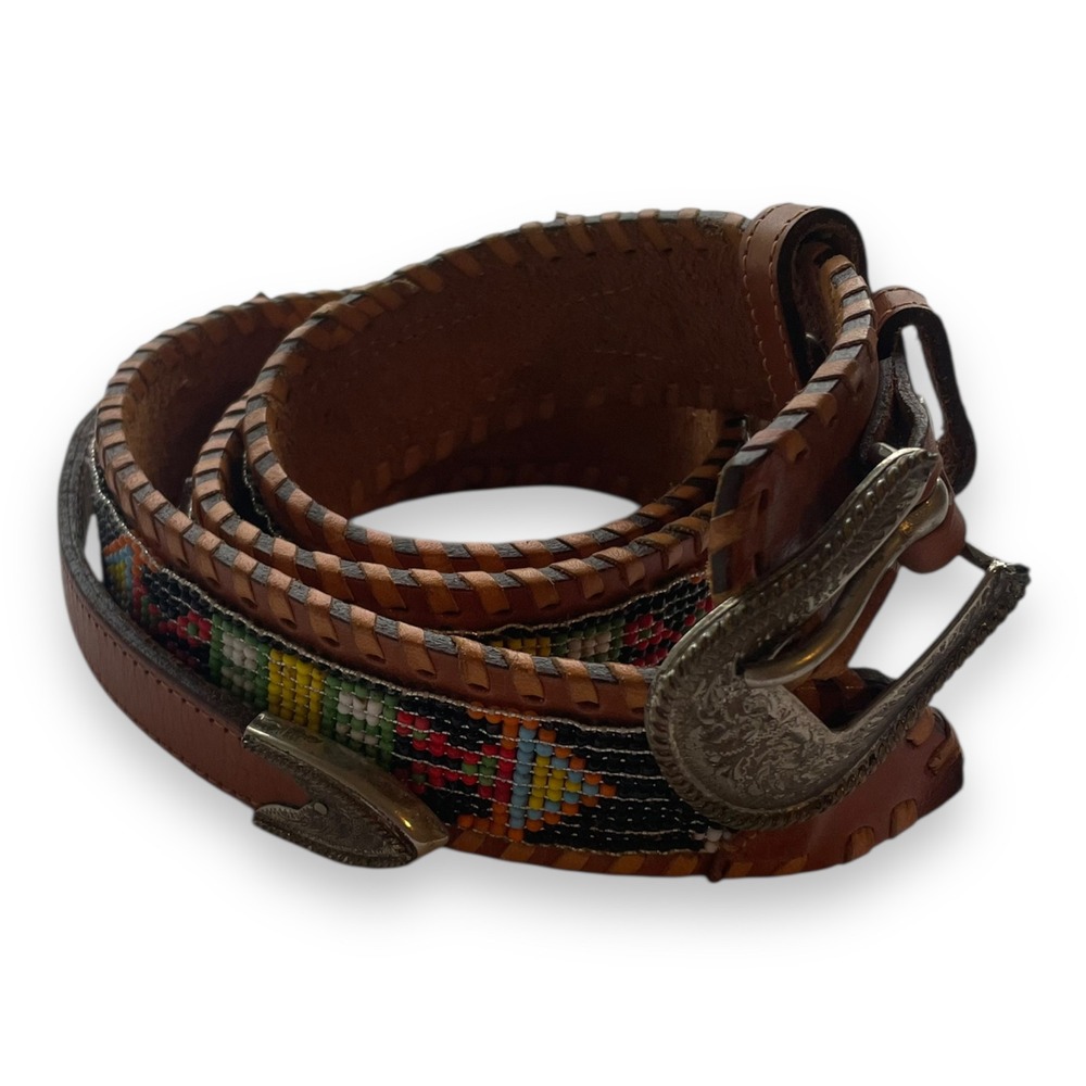 Southwestern Brown Leather Beaded Whipstitch Belt Silver Engraved Buckle Aztec - Picture 4 of 8